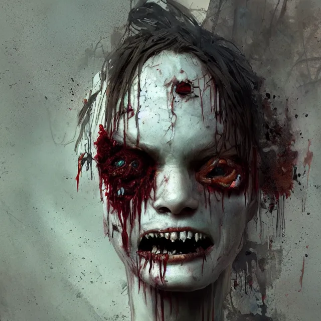 Prompt: hyper realistic photo portrait decayed smiling zombie cinematic, greg rutkowski, james gurney, mignola, craig mullins, brom redshift, vray, octane