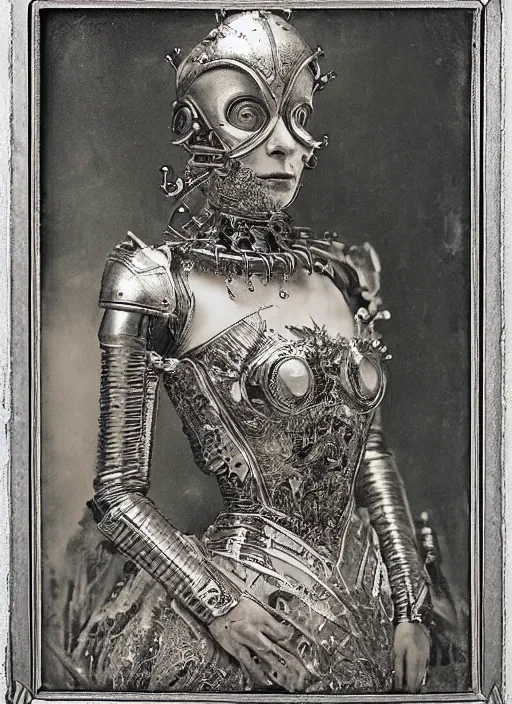 Image similar to old wetplate daguerreotype frame portrait of a futuristic silver armored queen elisabeth emperor district 9 cyborg, fractal, intricate, elegant, highly detailed, subsurface scattering, by jheronimus bosch and greg rutkowski and louis jacques mande daguerre