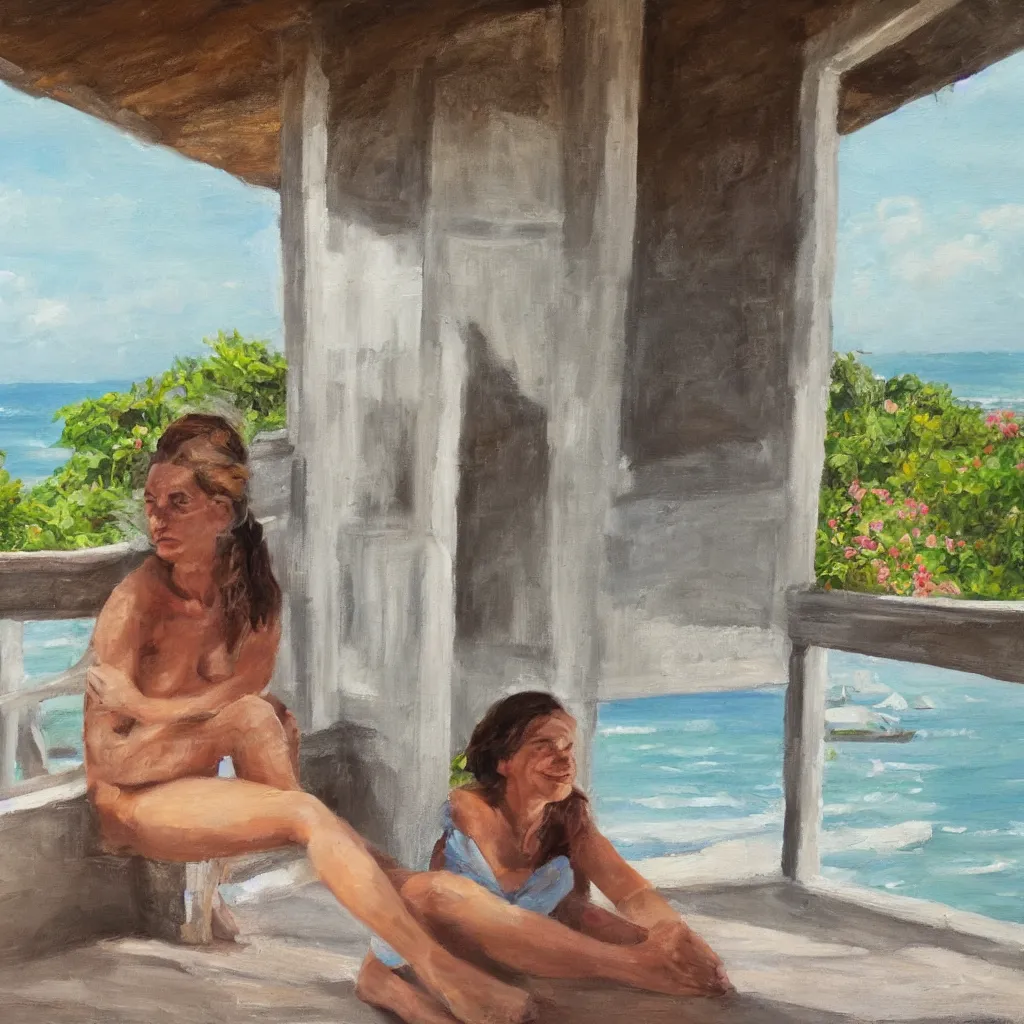 Image similar to a beautiful woman with freckles sitting on the porch of a one-story house in the caribbean watching the sea, realistic, oil on canvas