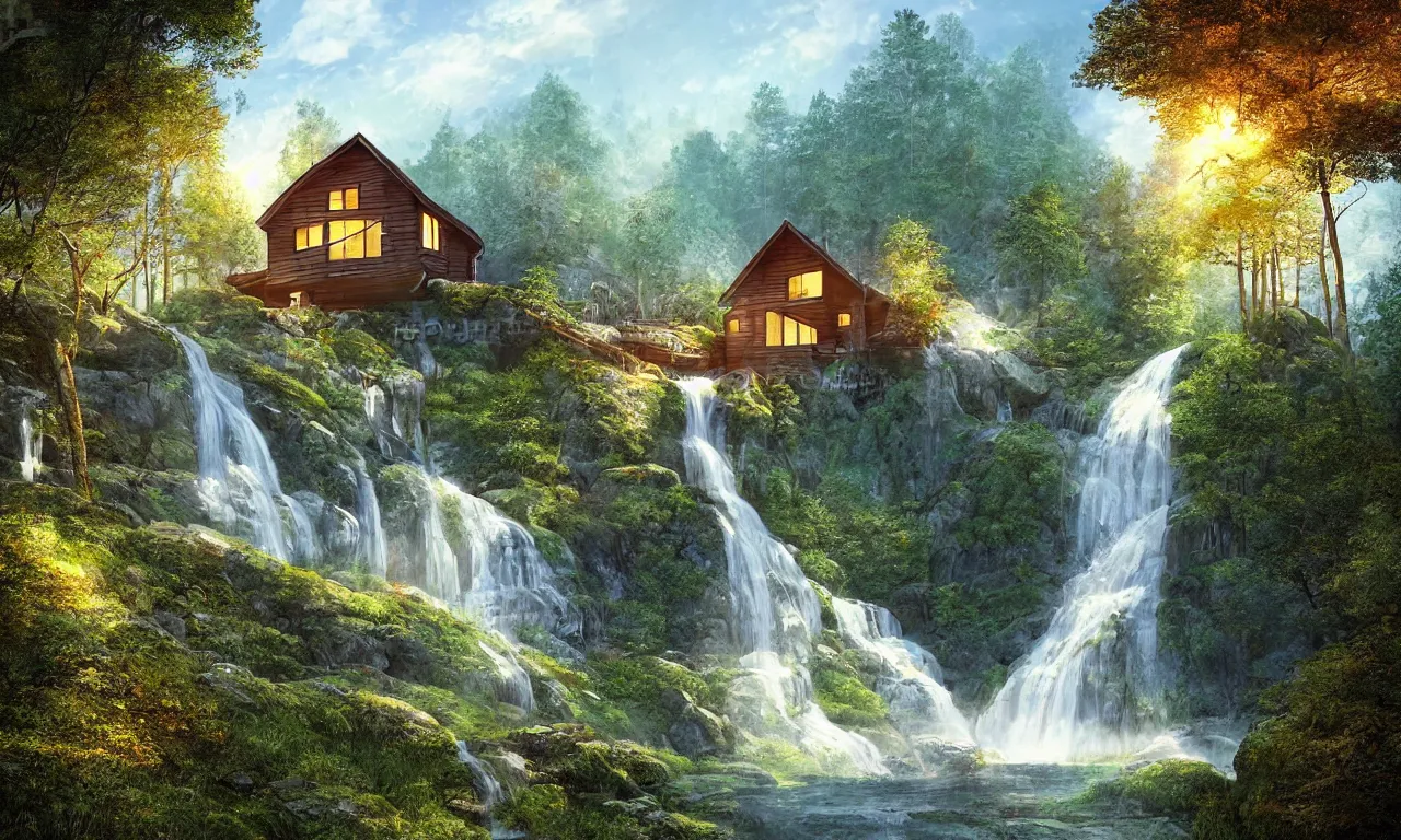 Image similar to scandinavian house in the forest on a hill, a waterfall flows down from the mountain in the background, vector art, fabulous, global illumination, warm lighting, by jordan grimmer