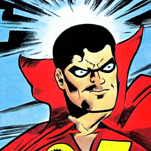 Image similar to soviet russian superman with an eyepatch, close up, by will eisner