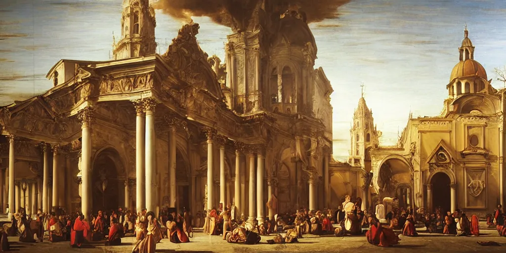 Prompt: beautiful oil matte painting, baroque church caught on fire with people desperate to extinguish the flames, wonderful masterpiece highly detailed, beautiful cinematic light deep focus, elegant, digital painting, smooth, sharp focus, golden ratio, dramatic illumination, ultra realistic, 8 k, art by giovanni bellini and caravaggio