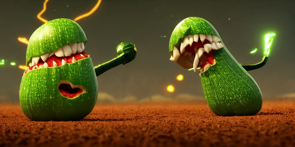 Image similar to detailed 3 d render of a raging zucchini character with a ninja sword running on dirt road, scared tomates scattered everywhere, high speed action, explosions, dramatic scene, hyper realistic octane render, cinematic lighting, splatter, deviantart, black sky, lowbrow, frame from pixar movie