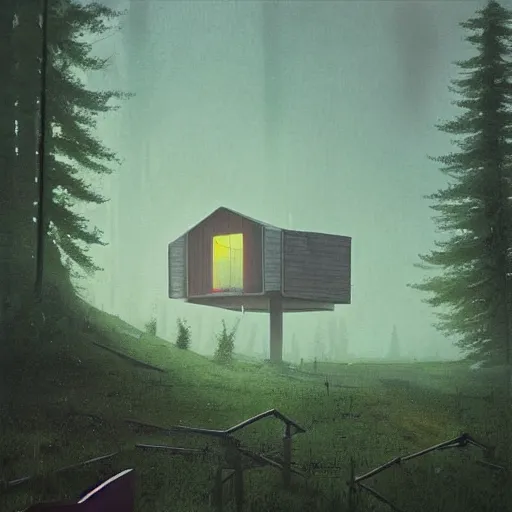 Prompt: “ swedish futuristic cabin next to the lake in the forest by simon stalenhag, misty morning ”