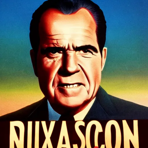 Prompt: movie poster of Richard Nixon at Jurassic park being chased by a dinosaur