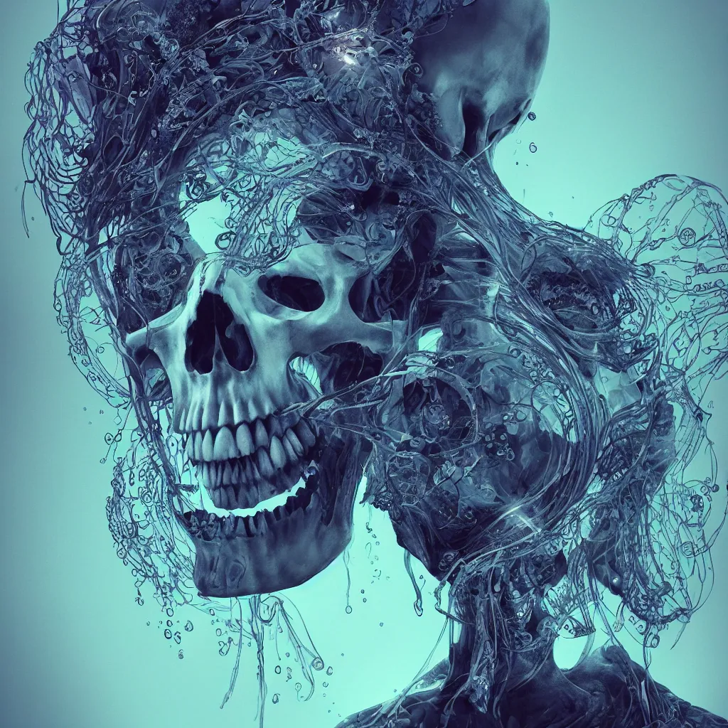 Prompt: close-up portrait goddess skull, thorax, x-ray, backbone, jellyfish phoenix head, nautilus, orchid, betta fish, bioluminiscent creatures, dark deep complex air bubbles in background, intricate artwork by Tooth Wu and wlop and beeple. octane render, trending on artstation, greg rutkowski very coherent symmetrical artwork. cinematic, black and white, contrasted, hyper realism, high detail, octane render, 8k