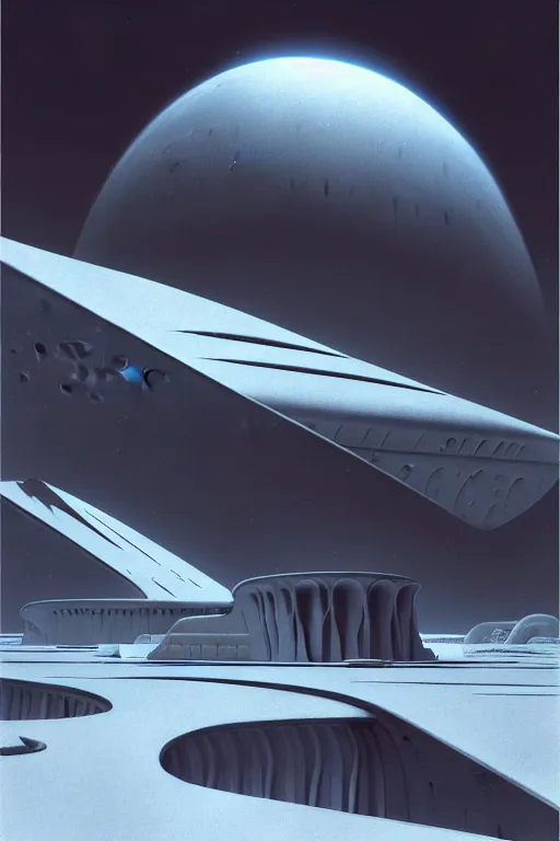 Image similar to emissary space by author haas and bruce pennington and john schoenherr, cinematic matte painting on planet hoth, zaha hadid building, 8 k, dark moody monochrome color palate