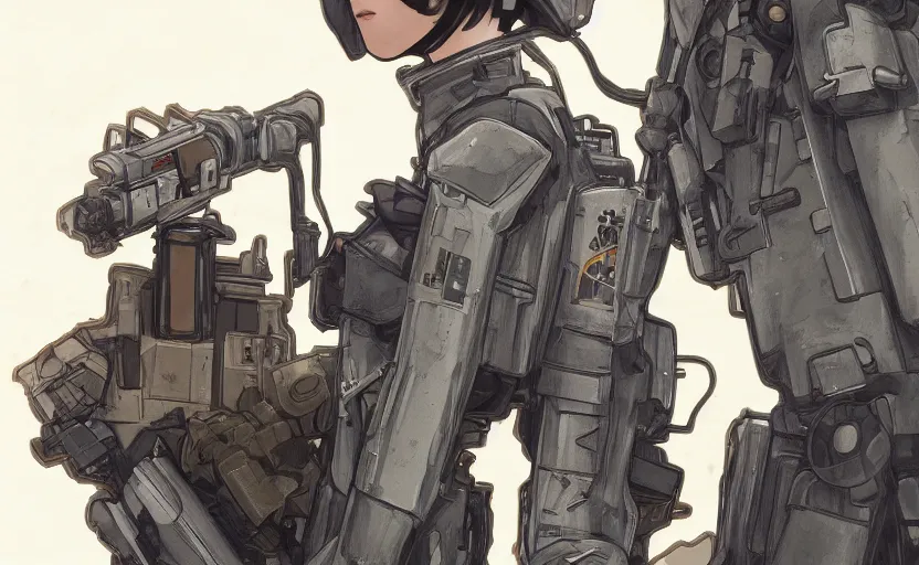 Prompt: side view of mechanized soldier girl, anime style, urban in background, soldier clothing, combat helmet, short hair, hair down, symmetrical facial features, from arknights, hyper realistic, 4 k, rule of thirds, extreme detail, detailed drawing, trending artstation, hd, d & d, realistic lighting, by alphonse mucha, greg rutkowski