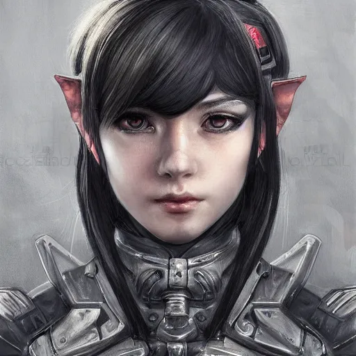 Prompt: portrait of an elf girl by ayami kojima, she is about 2 0 years old, mixture between british and japanese, black bob hair, and she is wearing a modern tactical gear, scifi, highly detailed portrait, digital painting, artstation, concept art, smooth, sharp foccus ilustration, artstation hq