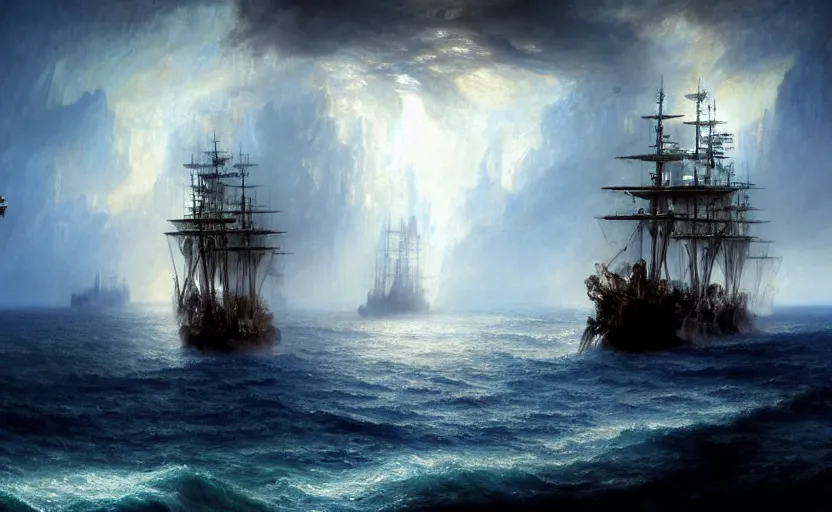 Image similar to epic naval battle, pirate galleons and tie fighters. by artstation trending, by joseph mallord william turner, luis royo, konstantin razumov, cinematic lighting, fractal flame, highly detailed