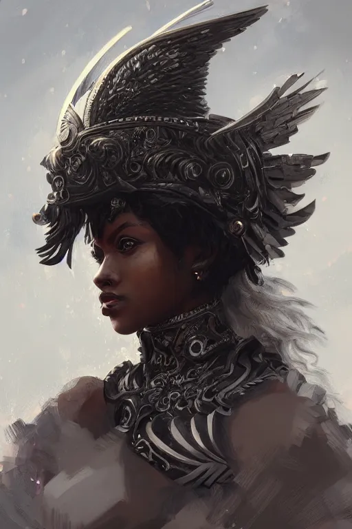 Prompt: a full portrait of a black female valkyrie, winged helmet, intricate, elegant, highly detailed, digital painting, japanese, artstation, in the style of krenz cushart, artem demura