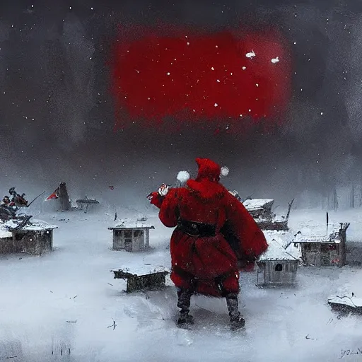 Prompt: the santa wars, painting by jakub rozalski,