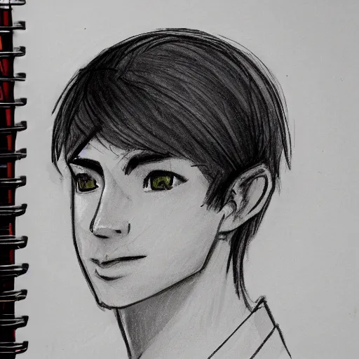 Image similar to sketch of a teenage boy with very short side part hair smiling trending on artstation