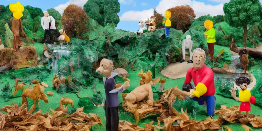 Image similar to alan sugar plasticine models, stop motion animation eating leaves pastry pets on his shoulders going for a walk in the country. in the forest on the floor. the apprentice sitting on hands. eating burnt toast and drinking fresh clear water from a stream, painting in the style of salvador dali.