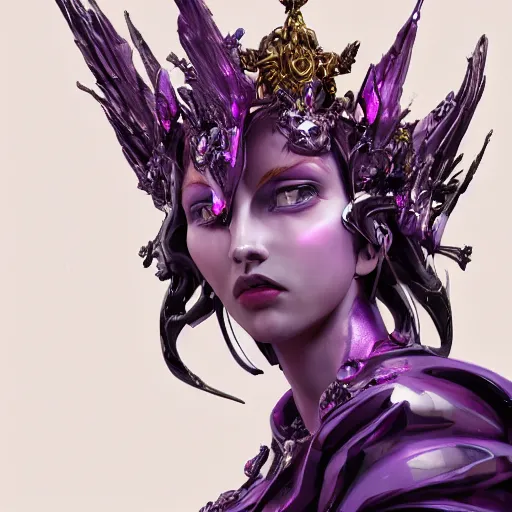 Image similar to female angel queen head wearing shiny pink crown, subtle purple accents, hyper details, black metal rococo, sculpted by Alex Alice, Craig Mullins, yoji shinkawa, trending on artstation, beautifully lit, Peter mohrbacher, hyper detailed, elite, elegant, luxury, ray of light through smoke, CGsociety, hypermaximalist, golden ratio, neofuture, volumetric, octane render, weta digital, micro details, 3d sculpture