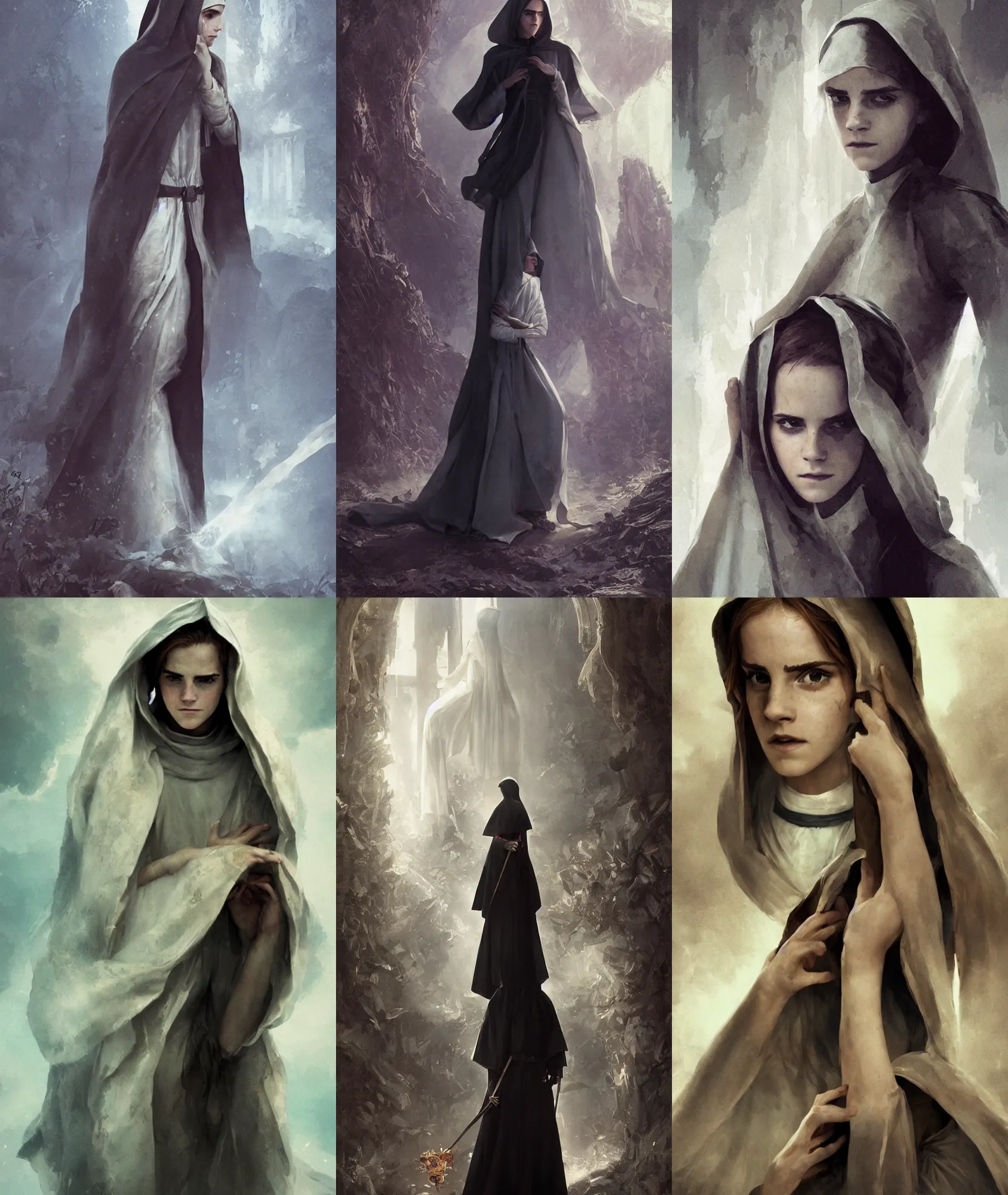 Prompt: A photo of shy emma watson nun by nuri iyem, james gurney, james jean, greg rutkowski, anato finnstark. hyper detailed, 50mm, award winning photography