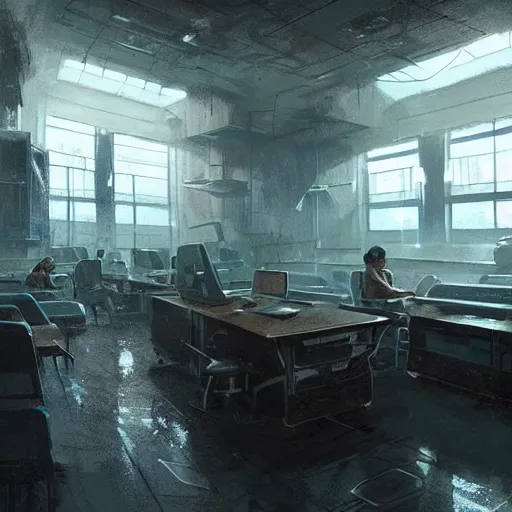 Image similar to concept art by greg rutkowski, the interior of a futuristic police station converted as a shelter, dim lighting, the windows were covered with steel plates and the desks as barricades, depressing atmosphere, scifi, digital painting, artstation, concept art, smooth, sharp foccus ilustration, artstation hq