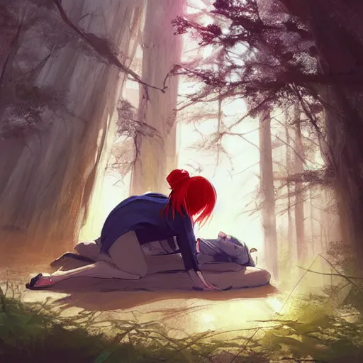 Prompt: girl sorcerer with white hair in a hairbun, wearing a black tshirt, wearing a subtle red scarf, and wearing blue jean. she is laying down sleeping, in a forest landscape. digital art, environment concept art, by rossdraws, ghibli, art by greg rutkowski