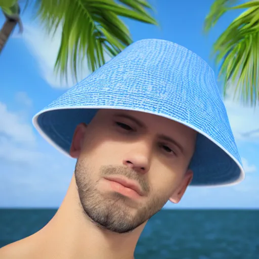 Prompt: man in a blue bucket hat playing a midi controller launchpad ableton live from a beautiful island in the tropics, photo realistic, 4 k render, cinema 4 d, maya, zbrush, portrait,