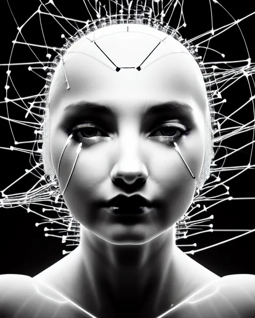 Image similar to black and white dreamy spiritual connected young female robot - cyborg high quality photo, microchip, artificial intelligence, bio - mechanical bio - luminescence, black wired cables, neurons, nerve cells, cinematic, rim light, photo - realistic, elegant, high detail, 8 k, masterpiece, high fashion