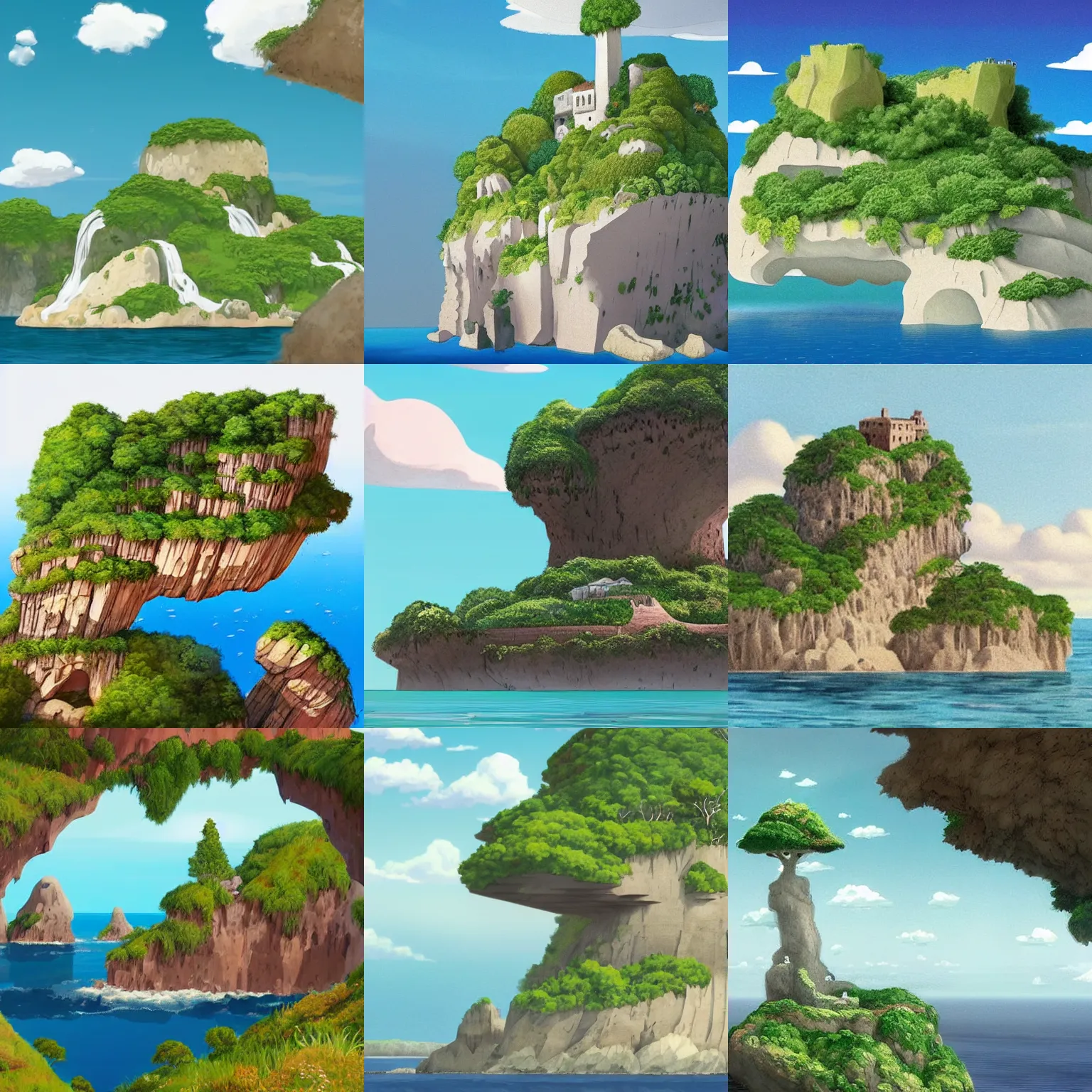 Image similar to an island floating in the air, the island is rocky and bare with some vegetation, waterfalls left from the island flowing into the sea, highly detailed, animated, lovely, dreamy, morandi colour scheme, strong light and shadow atmosphere, painted by Ghibli