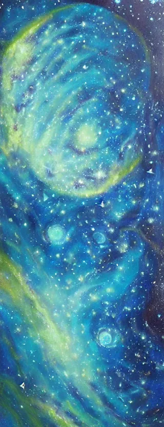 Prompt: dreamlike swirling psychadelic galaxies, deep blue and teal planets disappearing between dark blue stars, eerie and beautiful mysteries of blue space, very beautiful oil painting