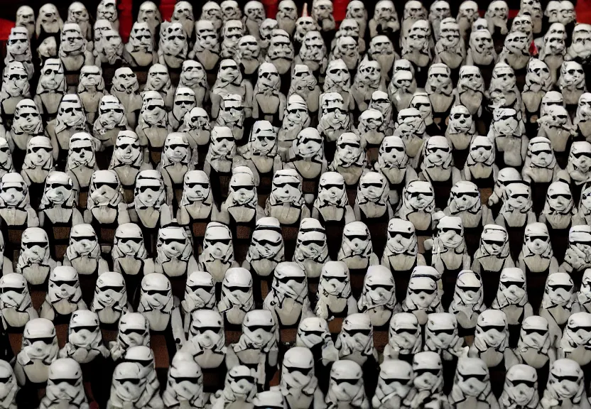 Image similar to a medieval tapestry of an army of storm troopers standing in ranks aboard a star destroyer