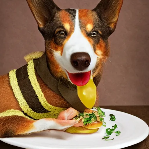 Prompt: cheeseburger corgi chimera. Portrait photography