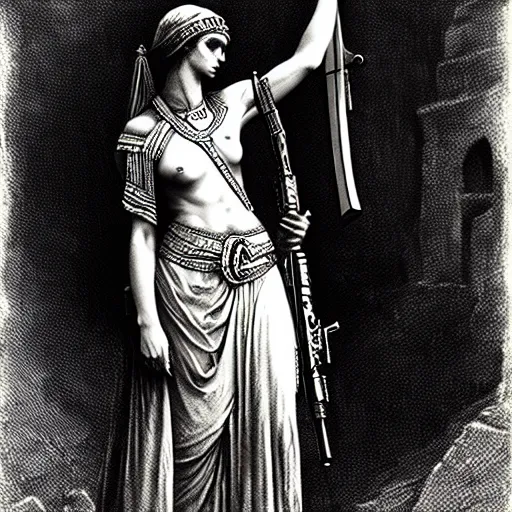 Prompt: marana slavic goddess with ak - 4 7 in six arms in traditional slavic clothes : by gustave dore and greg rutkowski and wlop, mystic high contrast monochromatic noir