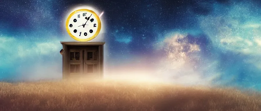 Image similar to A magic clock in the starry sky with a magic portal next to it