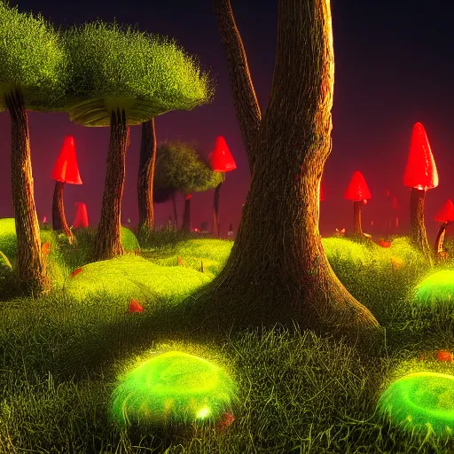 Image similar to A realistic strange neon lanscape, realistic, 4k resolution, detailled, realistic shaders, neon mushrooms, mushrooms particles, painting, forests, strange neon plants, realistic, detailled.