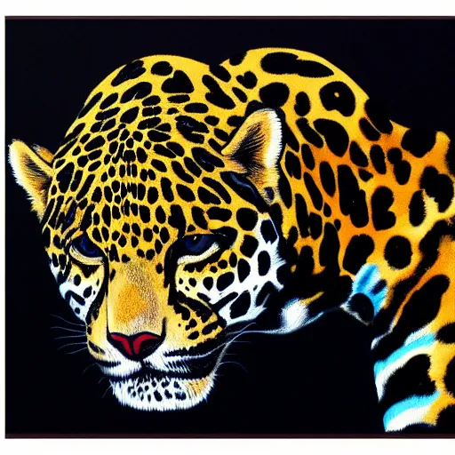 Prompt: a jaguar velvet painting, kitcsh inspired by edgar leetag, paint on black velvet canvas, american velvet painting, veveltaria