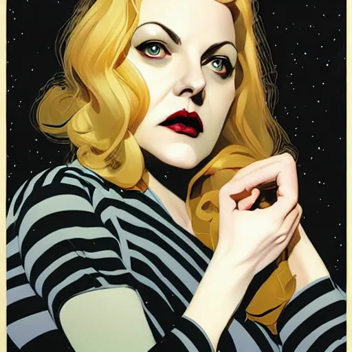 Image similar to comic art by joshua middleton, actress, sheryl lee as laura palmer in the tv show, twin peaks, striped curtains, dark shadows, ominous tones