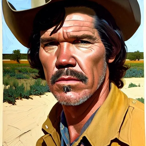 Image similar to portrait of josh brolin as llewelyn moss in no country for old men. 7 0 s cowboy clothes and environment. flat colours. oil painting by lucian freud. path traced, highly detailed, high quality, j. c. leyendecker, drew struzan tomasz alen kopera, peter mohrbacher, donato giancola