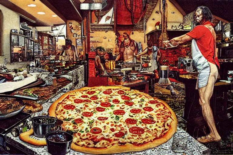 Prompt: a highly detailed nick cave baking pizza, full body, wide angle, an ultrafine detailed painting by p. craig russell and barry windsor - smith, trending on deviantart, octane, masterpiece