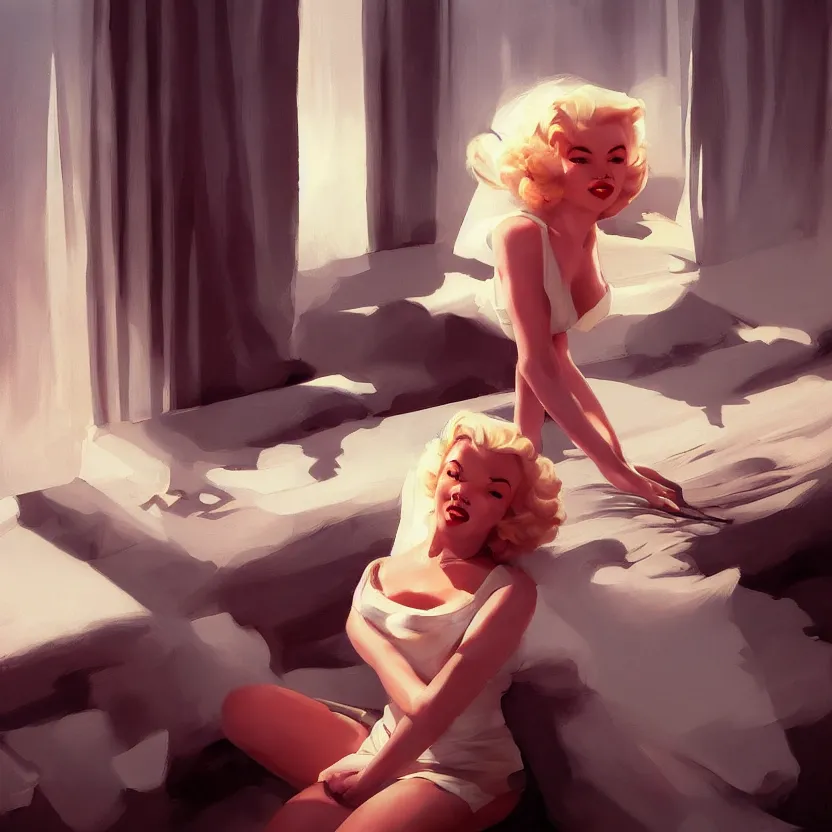 Prompt: a cinematic marilyn monroe, octane render, hyperrealistic, at sunrise, by edward hopper jesper ejsing, by rhads, makoto shinkai and lois van baarle, ilya kuvshinov, rossdraws