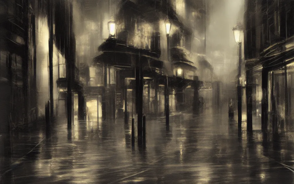 Image similar to concept art, dark wet london alley at night, by ashley wood, by roger deakins, in the style of syd mead atmospheric