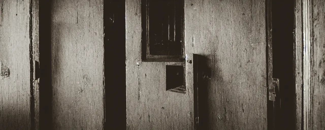 Prompt: dutch angle shot of a door at the end of a damp hallway. Black vinelike tendrils are growing out of the door. There is also ominous red light glowing through the cracks of the door. 100mm anamorphic panavision, 8k, still from the movie