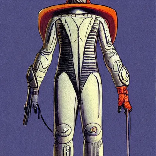 Image similar to concept art, stylized, super exaggerated proportions, concept design, male, science fiction suit, by jean giraud