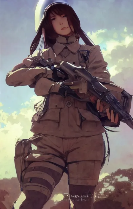 Prompt: infantry girl, anime style, symmetrical facial features long hair, hair down, under heavy fire, explosions, hyper realistic, pale skin, rule of thirds, extreme detail, 4 k, detailed drawing, trending artstation, realistic shading, visual novel cg, by alphonse mucha, greg rutkowski, sharp focus, backlit, fast helmet