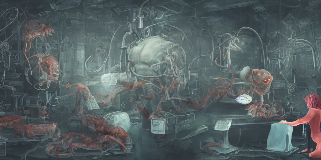 Prompt: secret labor under the surface, scary machine with floating animals in it, crazy professor with red hair writing down some notes, digital art, scary atmosphere, raytracing, hd