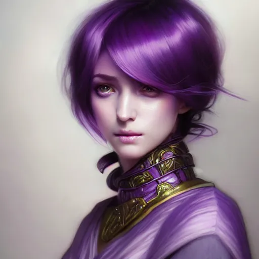 Image similar to purple haired mage, full body portrait, gentle, cloth, female, city landscape, d & d, fantasy, intricate, elegant, highly detailed, digital painting, purple and gold color palette, artstation, octane render, concept art, matte, sharp focus, illustration, herrarthstone, art by artgerm and greg rutkowski and alphonse mucha