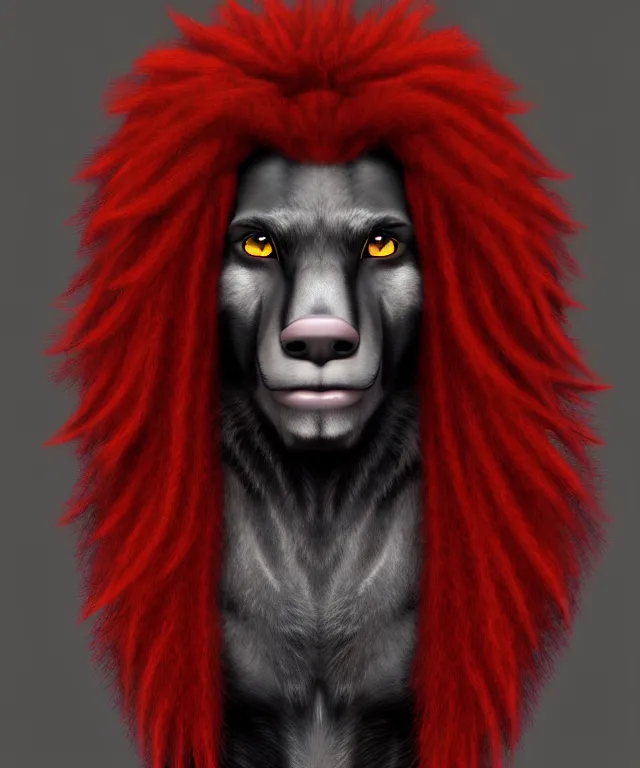 Image similar to award winning portrait of a anthropomorphic black male wolf long red hair. artstation, artistic lighting, highly detailed, photorealistic, fantasy