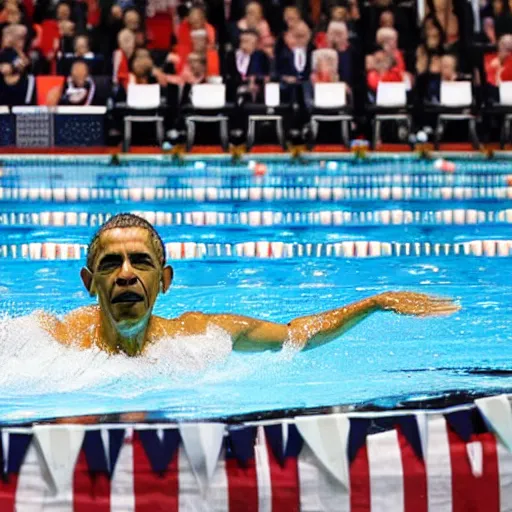 Prompt: barack obama swimming laps at the olympic pool in london