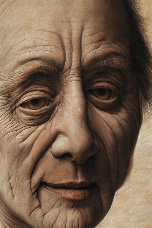 Image similar to hyperrealism close-up portrait a face divided in half into young and old in style of da Vinci