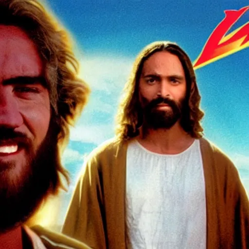 Image similar to jesus christ in a 1 9 9 0 s mountain dew commercial, movie still