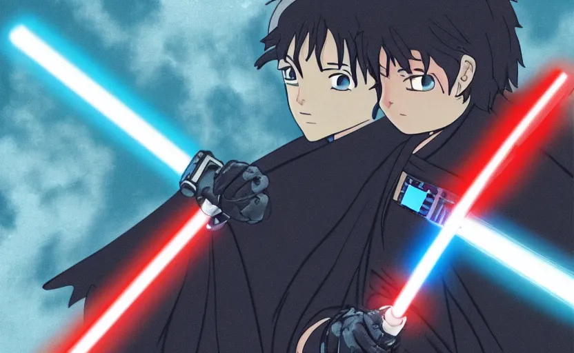 Prompt: An anime scene, Luke swings his blue lightsaber at Darth Vader, Darth Vader using the force, in the style of Madhouse Animations, digital art