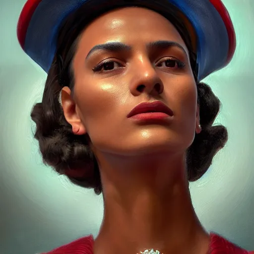 Image similar to A Hearts of Iron IV portrait of a Cuban young woman with high cheekbones. Good bone structure. Dressed in 1940s style. Highly detailed, fine Art, high detail, great lighting, 8k resolution, masterpiece, concept art, illustration, clear eyes, painting oil on canvas, octane render, HDR, trending on artstation, 4k, 8k, HD