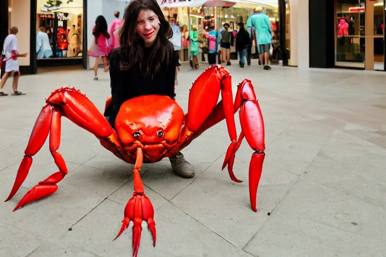 Prompt: woman dressed up like a cute crab, in 2 0 0 2, at a mall, street style, royalcore, low - light photograph, photography by tyler mitchell