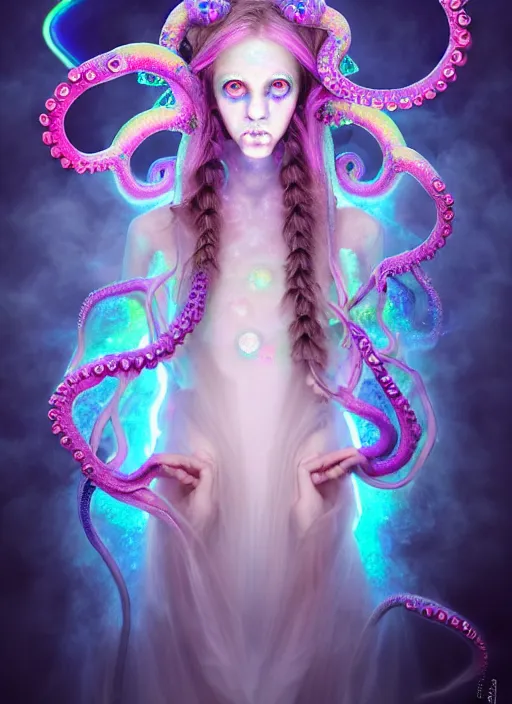 Prompt: A full shot of a cute magical monster girl wearing a dress made of opals and tentacles. Creepy Pasta. F1.4. Symmetrical. Dark Smoke and VFX. Caustics refraction. Prism light. defined facial features, symmetrical facial features. Rainbows. Soft Lighting. beautiful lighting. By Giger and Ruan Jia and Artgerm and Range Murata and WLOP and William-Adolphe Bouguereau and Loish and Lisa Frank. trending on artstation, featured on pixiv, award winning, sharp, details, intricate details, realistic, Hyper-detailed, HD, HDR, 4K, 8K.